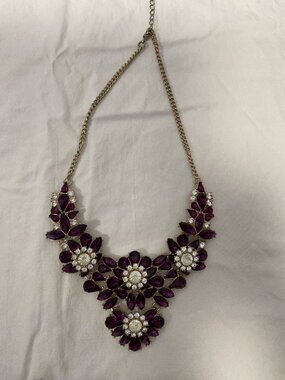 Purple Rhinestone Floral Statement Bib Necklace Gold Tone